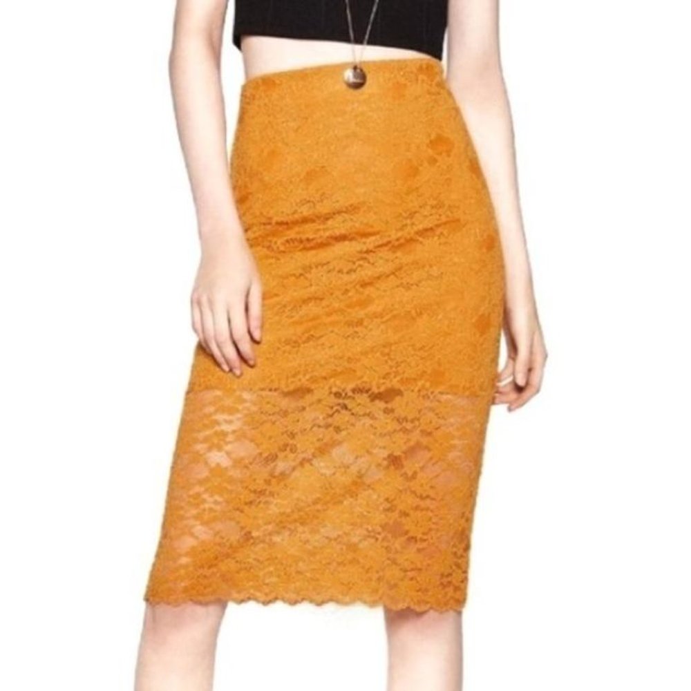 Zara Yellow Mustard Lace Midi Skirt